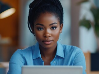 Wall Mural - Professional Woman Engrossed in Work at a Laptop