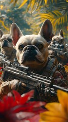 Poster - Comical yet actionpacked image of chubby dogs in army outfits wielding machine guns in a colorful tropical forest enhanced with rich cinematic color grading for a lively atmosphere