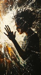 Fototapete - Compelling scene capturing a painter in action as splashes of paint coalesce into a woman's shape with elaborate patterns illuminated by dramatic highlights in a shadowy lowlight atmosphere