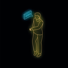 Wall Mural - Neon isometric businessman thinking with chat bubble, representing business communication in a modern and abstract way