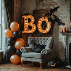 Fototapete - Cozy party room for Halloween showcasing large glowing 'BOO' letters decorated with orange and black balloons bats and cobwebs with a grey armchair invitingly positioned in the corner