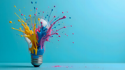 Poster - Colorful paint splashes emerging from a light bulb on a bright blue background illustrating creativity and innovation