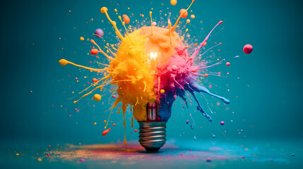 Poster - Vibrant Explosion of Color in a Light Bulb Creating an Artistic Representation of Creativity and Innovation