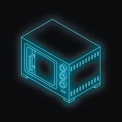 Poster - Neon blue isometric microwave oven radiating a futuristic glow against a dark backdrop