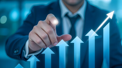 Poster - business professional pointing at a rising graph trend with upward arrows indicating growth and succ