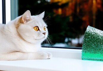 Wall Mural - Curious White Cat Gazing Out of Window with Green Object Nearby