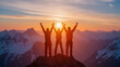 © KeetaKawee - Adventurers Celebrate Mountain Summit at Sunset with Raised Arms Against Vibrant Sky and Majestic Snow-Capped Peaks in the Background