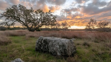 Wall Mural - Serene Sunset Landscape with Large Rock and Trees