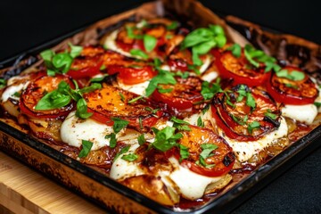 Wall Mural - Grilled vegetable mozzarella bake garnished with fresh basil leaves