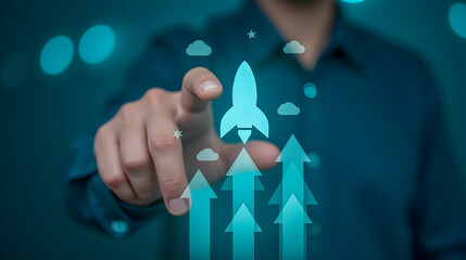 Poster - Businessman Touching Rocket Icon Among Arrows Signifying Growth and Innovation in Digital Environment