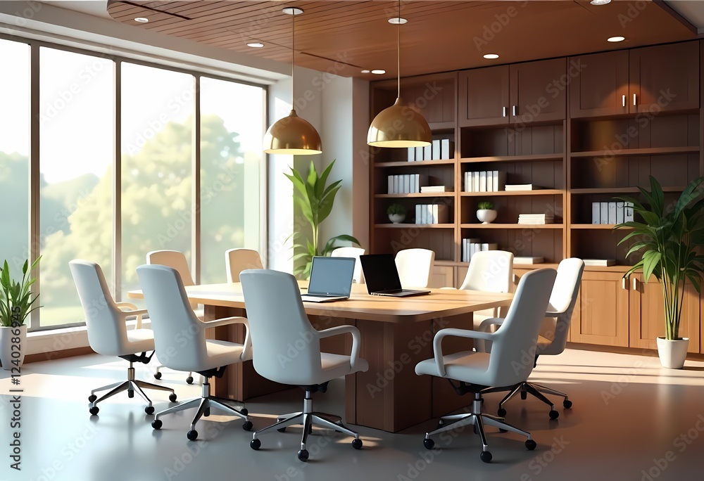 This modern office interior features a sleek table and contemporary ...