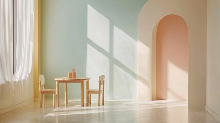 Poster - Warm sunlight filters through flowing curtains, casting delicate shadows on pastel-colored walls. A round wooden table and two chairs create an inviting, minimalist atmosphere perfect for relaxation