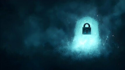 Poster - Night, glowing padlock, mystical scene, cybersecurity