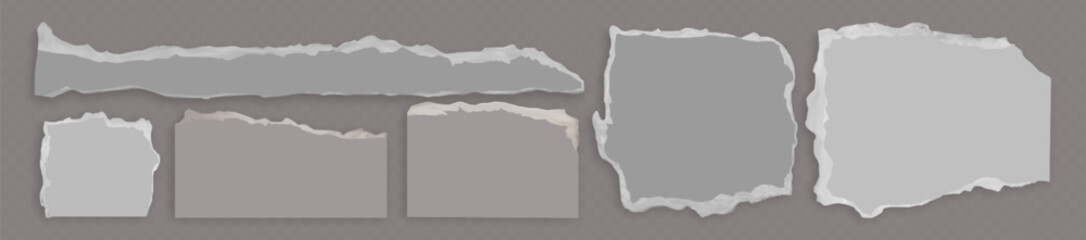 Poster - Torn paper pieces set isolated on transparent background. Vector realistic illustration of abstract shape ripped blank notes with ragged edges, destroyed notebook sheet, book page, letter or newspaper