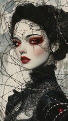 Fototapete - Detailed drawing of a beautiful woman with bright red eyes in a vintage Victorian dress entangled in barbed wire surrounded by abstract fractal art and sharp geometric elements