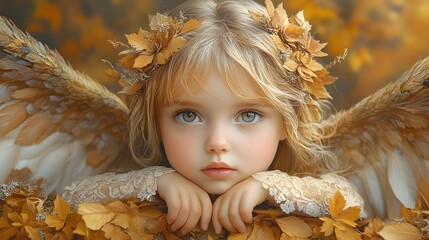 Poster - Detailed illustration of a small angel with feathered wings and soft fair skin set against a peaceful autumn scene The warm amber backdrop enhances the figure's gentle innocence and charm