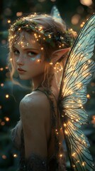 Poster - Detailed image of a magical forest illuminated by fireflies A stunning halfelf halfpixie woman with ethereal features iridescent wings and intricate attire made of natural elements enchants the scene