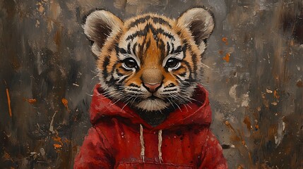 Poster - Detailed portrait of an adorable baby tiger in a cozy red hoodie created with alcohol inks and watercolor techniques featuring a mix of dark hues and painterly textures for added depth