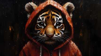 Poster - Detailed portrait of an adorable baby tiger in a cozy red hoodie created with alcohol inks and watercolor techniques featuring a mix of dark hues and painterly textures for added depth
