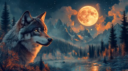 Poster - Detailed sketch of a wolf's face looking left its expressive features blending into a scenic landscape of rugged mountains evergreen trees and a tranquil night sky with a luminous full moon