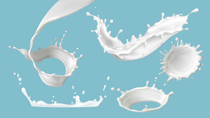 Poster - 3D milk splashes set isolated on background. Vector realistic illustration of white paint, cream wave, yogurt swirl with flying milky drops, skincare cosmetic lotion, protein milkshake texture