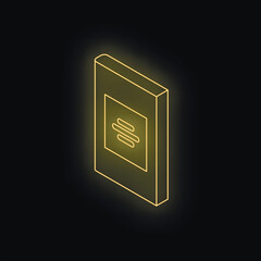 Poster - Glowing neon yellow book icon on black background, viewed isometrically, representing reading, learning, and knowledge