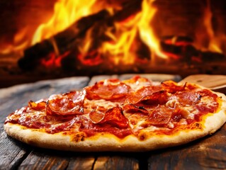 Canvas Print - Wood-fired pepperoni pizza with rustic charm