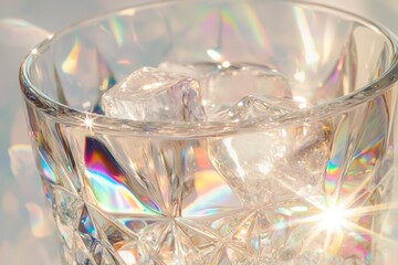 Wall Mural - Crystal glass filled with ice cubes, refracting sunlight into a rainbow of colors.
