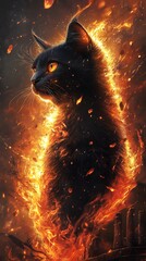 Fototapete - Dramatic scene of a cat surrounded by flames glowing embers dotting its fur One stripe mimics molten lava with ancient vinecovered temple ruins and hieroglyphics enhancing the setting