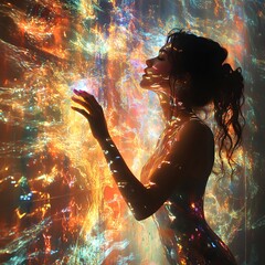 Fototapete - Dramatic scene showcasing a painter energetically splashing colors onto a wall forming an abstract woman with intricate patterns illuminated by soft glowing highlights in a moody lowlight setting