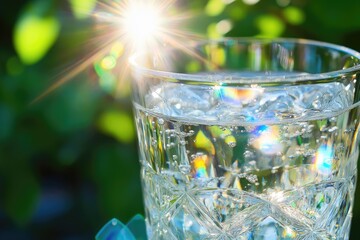 Wall Mural - Sparkling water in a crystal glass, bathed in sunlight against a vibrant green backdrop.