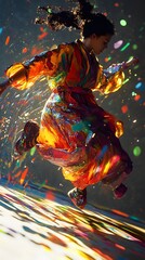 Fototapete - Dynamic 3D fullbody cinematic view of painter energetically splashing paint onto a wall creating an abstract woman figure with vivid colors set in low light to emphasize shadows and glowing highlights