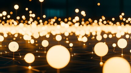 Fototapete - Abstract Network Golden Glowing Spheres Digital Art
