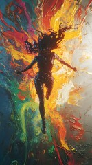 Fototapete - Dynamic 3D fullbody cinematic view of painter energetically splashing paint onto a wall creating an abstract woman figure with vivid colors set in low light to emphasize shadows and glowing highlights