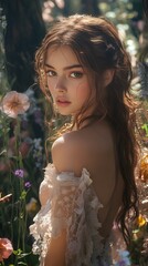 Poster - Fabulous scene featuring a brownhaired fairy in a lace dress surrounded by colorful flowers in a mystical glade with hyperrealistic details of dark trees enhancing the magical ambiance