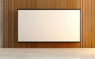 Poster - modern indoor advertising billboard on wooden wall, showcasing blank canvas for promotional content. warm tones create inviting atmosphere