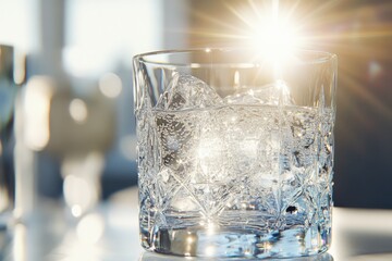 Wall Mural - Sparkling water with ice cubes in a crystal glass, backlit by sunlight.