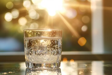 Wall Mural - A glass of sparkling water sits on a table, backlit by a sunlit window, creating a warm and bubbly image.