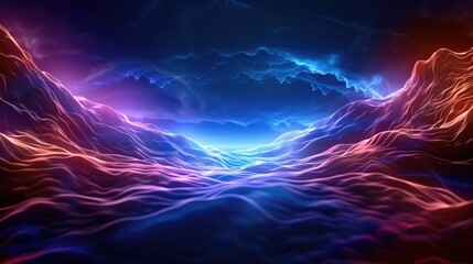 Poster - Vibrant light waves abstract landscape digital art enigmatic environment wide-angle view dynamic visuals