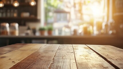 Poster - A beautifully crafted wooden table takes center stage, illuminated by gentle sunlight pouring in through a nearby window, evoking a cozy cafe atmosphere, perfect for unwinding