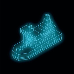 Poster - Glowing blue lines draw an isometric cargo ship, creating a futuristic and minimalist representation of maritime transport on a dark background