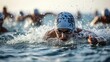 © VK Studio - Swimmers fiercely glide through ocean waves in a dynamic race, determination written on each competitor's face.