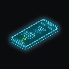 Poster - Neon blue smartphone displaying upload icon and house symbol, representing smart home technology and remote control