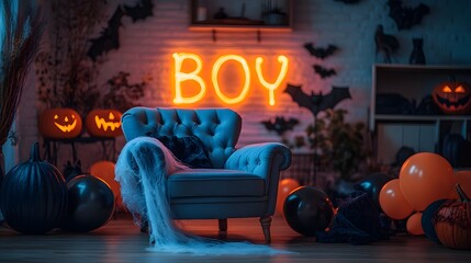 Fototapete - Festively decorated Halloween room with 'BOO' glowing prominently on the wall featuring a grey armchair cobwebs bats and black and orange balloons all softly lit for a cheerful ambiance
