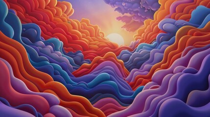 Poster - Vibrant abstract sunrise colorful landscape digital art serene environment wide view dreamy concept
