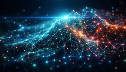 Fototapete - Neural lowpoly AI futuristic neon network of abstract connection background