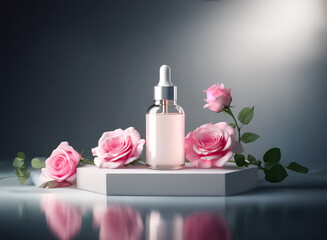 Poster - A glass bottle of pink serum sits on a white platform, surrounded by pink roses.  The scene is elegantly lit, highlighting the product and its floral companions.