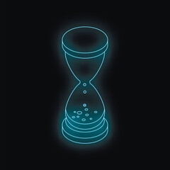 Poster - Glowing blue neon hourglass is measuring passing time on black background