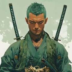 Poster - Fierce character with short green hair and a closed left eye dressed in a green samurai uniform showcasing three katana swords around his waist against a subtle light green background