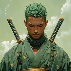 Poster - Fierce character with short green hair and a closed left eye dressed in a green samurai uniform showcasing three katana swords around his waist against a subtle light green background